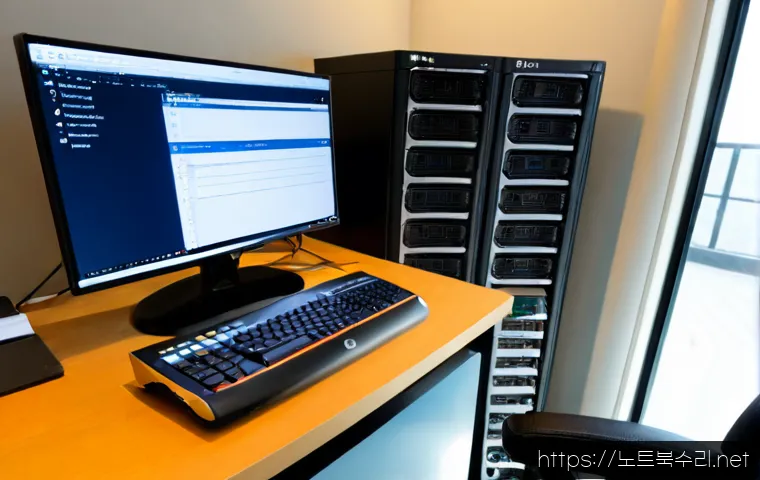 창곡동 나스 nas 설정및수리 - Photorealistic remote-support workstation in a modern Changok-dong apartment home office, technician...