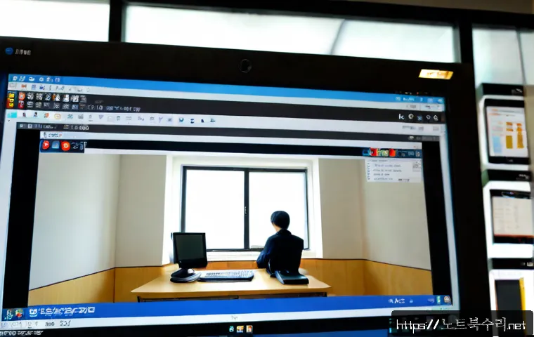 장수동 STATUS_INVALID_IMAGE_FORMAT - Photorealistic IT support workstation in Jangsu-dong, dual monitors showing a blank image-preview in...