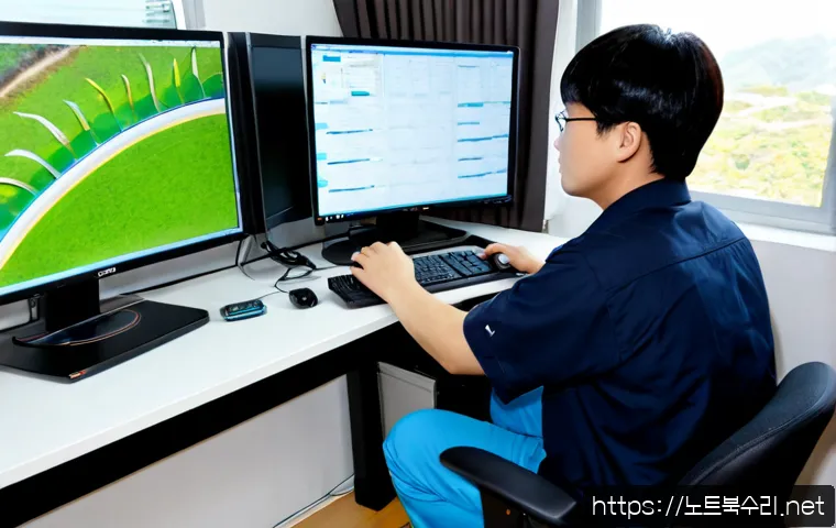 경안동 STATUS_KERNEL_REGISTRY_ERROR - Photorealistic IT support workstation in a compact office near Gyeongan-dong, a technician carefully...