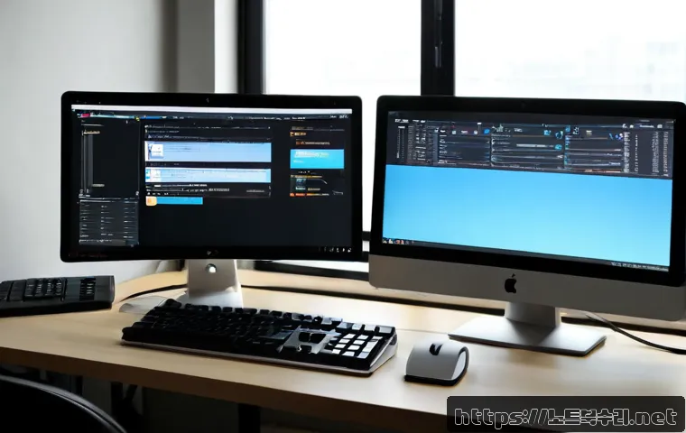 홍익동 STATUS_INVALID_PAGE - Photorealistic remote support workstation in a compact creative studio near Hongik-dong, dual monito...