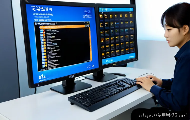 명동 MACHINE_CHECK_EXCEPTION - Photorealistic IT support workstation in a compact Myeongdong retail back office, dual monitors show...
