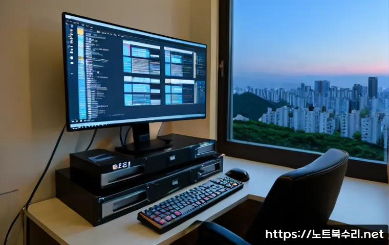 광석동 UDFS_FILE_SYSTEM - Photorealistic remote-support workstation in a compact Gwangseok-dong apartment office, dual monitor...