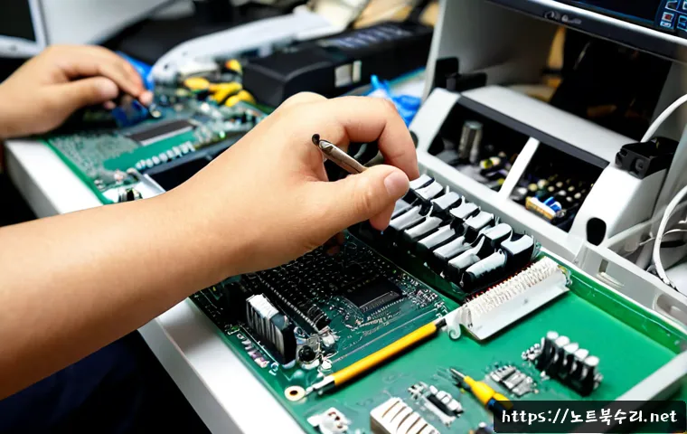 구의동 맥미니 판매 및 수리 - Photorealistic compact computer repair bench in a Gwangjin-gu electronics workshop, small silver des...