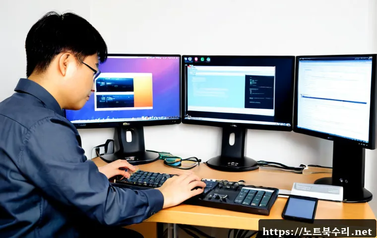 길동 ubuntu재설치 포맷  초기화 - Photorealistic remote IT support scene in a compact Gildong apartment workspace, technician hands re...