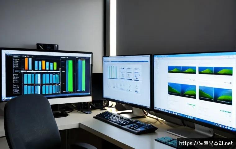 평촌동 STATUS_KERNEL_MODULE_FAILURE - Photorealistic IT support workstation in a modern Pyeongchon apartment office, dual monitors showing...