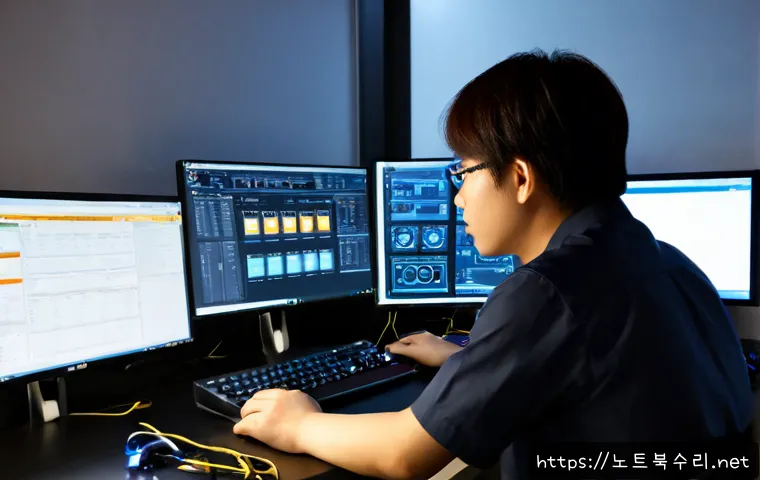보산동 STATUS_KERNEL_DEVICE_ERROR - Photorealistic IT support workstation in a compact Bosan-dong style office above a lively alley, tec...