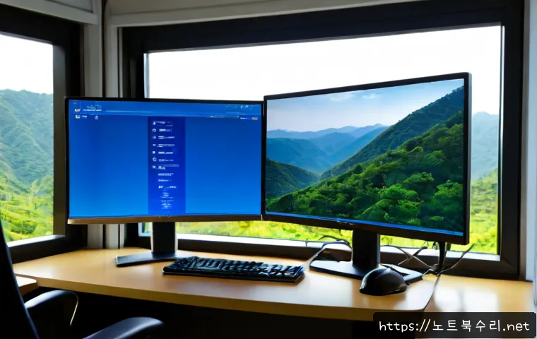 광적면 SYSTEM_THREAD_EXCEPTION_NOT_HANDLED - Photorealistic IT support workstation in a quiet semi-rural Korean office, dual monitors showing a g...