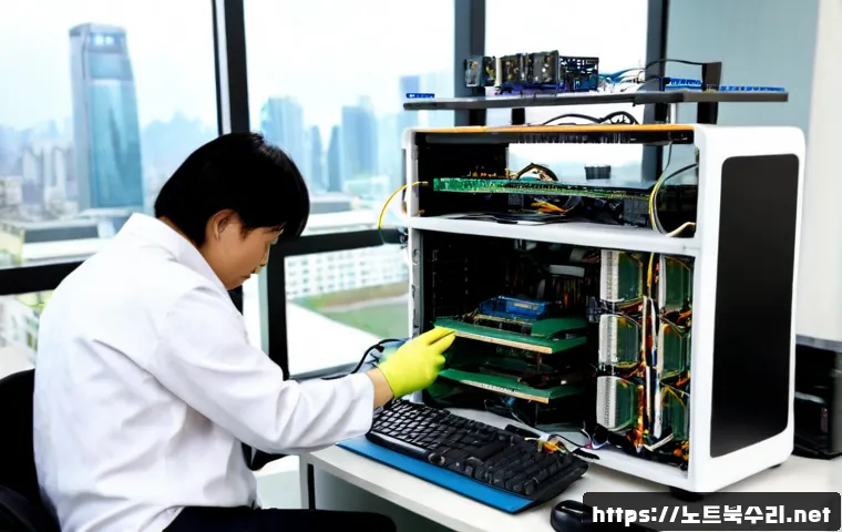 송도동 RAM조립 및 교체수리 - Photorealistic computer repair workstation in a modern Songdo apartment office, technician wearing a...