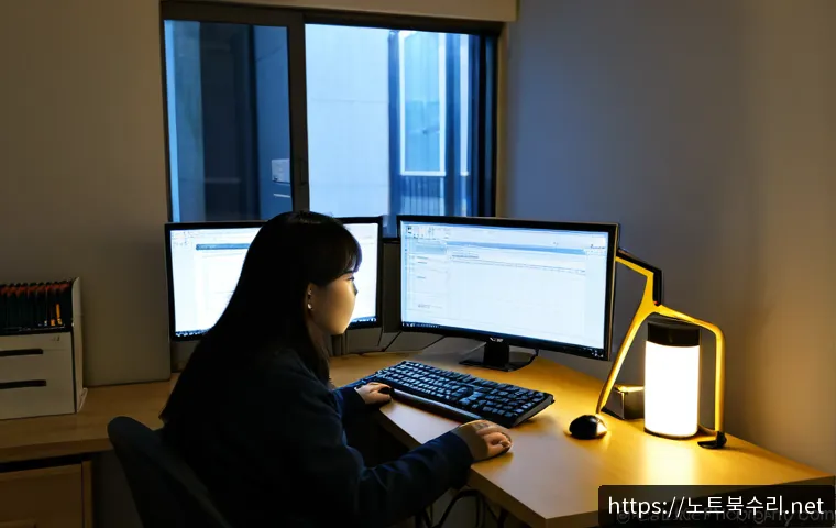 괴안동 STATUS_FILE_INVALID - Photorealistic remote-support workstation in a compact Goean-dong apartment office, dual monitors sh...