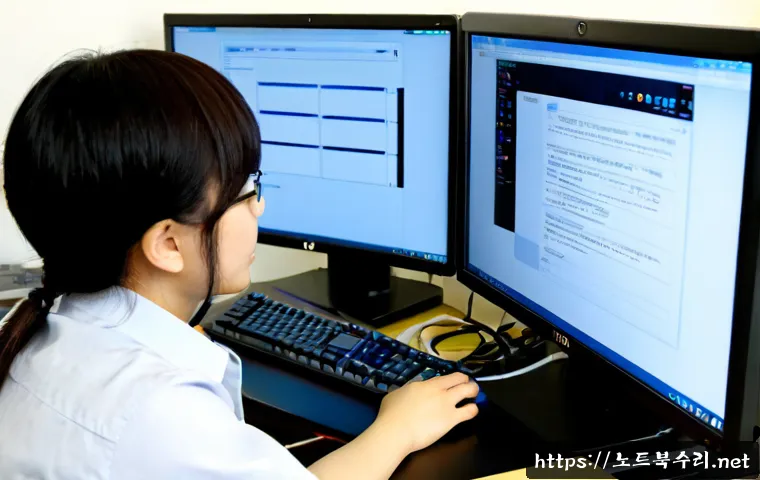 원효로 STATUS_FILE_WRITE_FAILURE - Photorealistic IT support workstation in a compact Yongsan office near Wonhyoro, dual monitors showi...