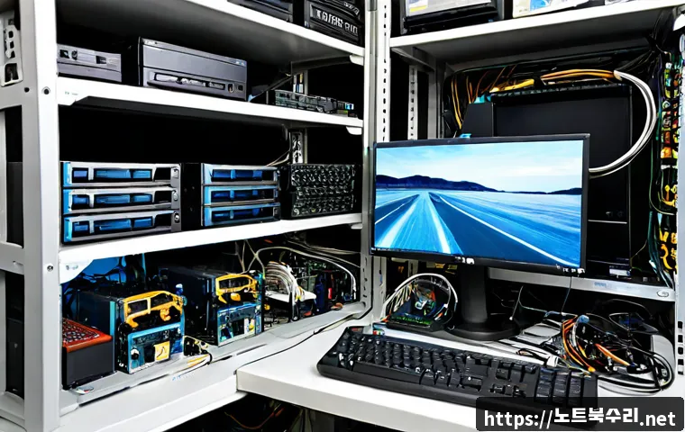 황학동 STATUS_DRIVER_ENTRYPOINT_NOT_FOUND - Photorealistic IT support workstation in a compact Huanghak-dong electronics repair shop, dual monit...