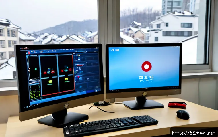 하봉암동 STATUS_SYSTEM_PROCESS_TERMINATED - Photorealistic remote-support workstation in a quiet Korean residential office, dual monitors showin...