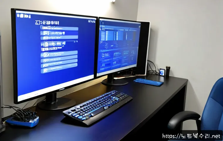 설문동 KERNEL_STACK_INPAGE_ERROR - Photorealistic IT support workstation in Seolmun-dong, dual monitors showing a blank cobalt-blue sys...