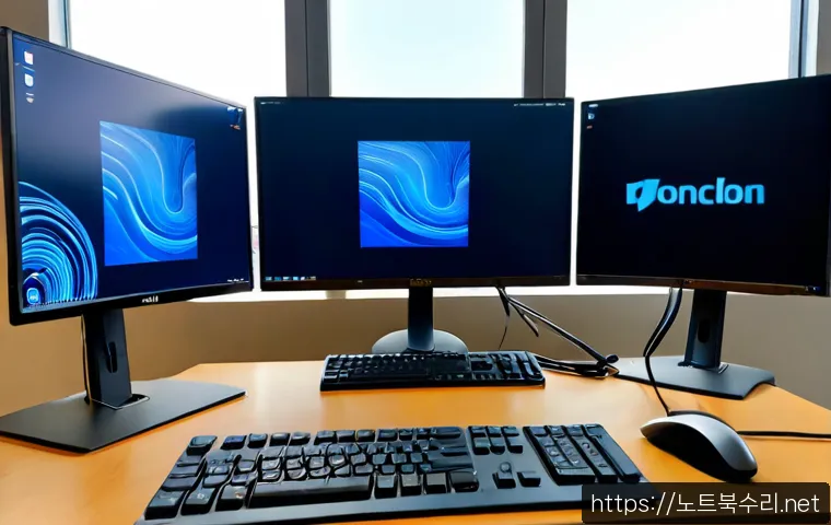 둔촌동 KMODE_EXCEPTION_NOT_HANDLED - Photorealistic IT support workstation in a compact Dongchon-dong office, dual monitors showing a blu...