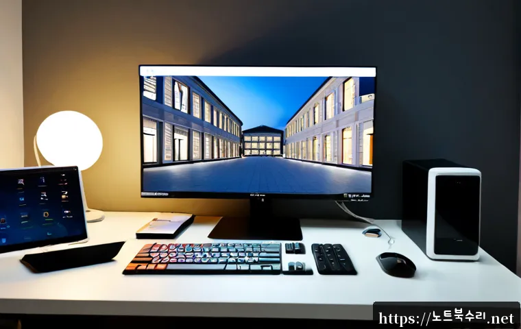 맥금동 절전모드 - Photorealistic evening workstation in a compact modern office near Geumjeong-gu, a desktop monitor e...