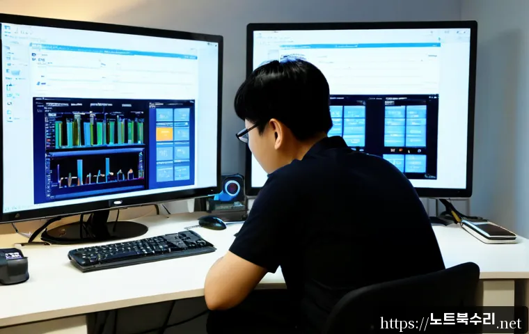 남구 STATUS_KERNEL_DRIVER_CORRUPTION - Photorealistic remote IT support workstation in a Nam-gu apartment office, dual monitors showing a b...
