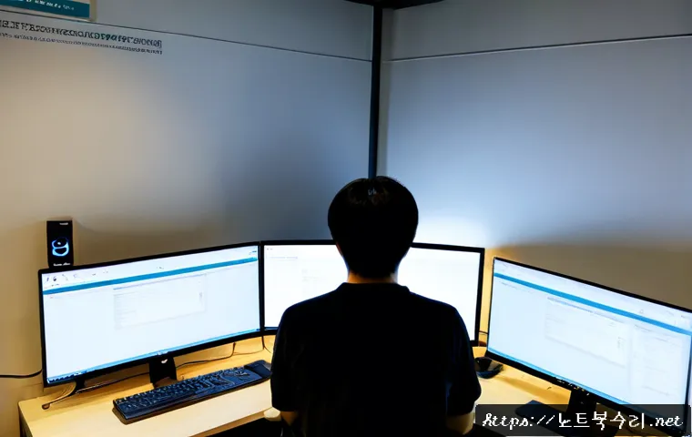 가수동 공장초기화복구 - Photorealistic IT recovery workstation inside a compact industrial office near Gajeong-dong, dual mo...