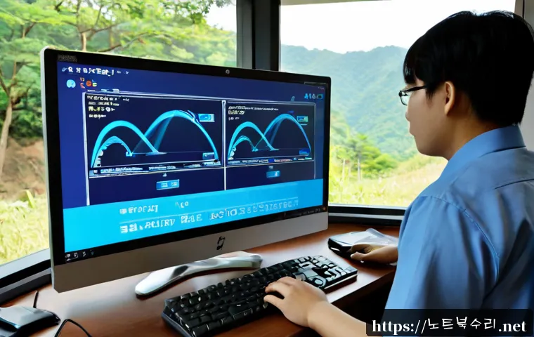옥천면 FAT_FILE_SYSTEM - Photorealistic IT support workstation in a quiet rural Korean county office, technician inspecting a...