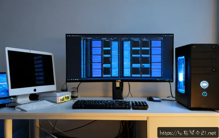 미산동 POOL_HEADER_CORRUPTION - Photorealistic IT support workstation in a quiet Misandong apartment office, dual monitors showing a...