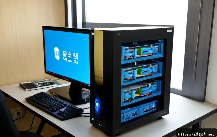 걸산동 STATUS_KERNEL_FILE_SYSTEM_ERROR - Photorealistic IT support workstation in a modest Gulsan-dong apartment office, dual monitors showin...