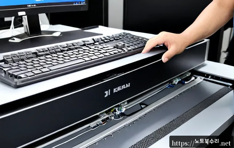 항동 아이맥 판매 및 수리 - Photorealistic computer repair workshop in Hang-dong, a sleek silver all-in-one desktop carefully op...