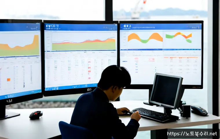 인천시 STATUS_FLOAT_DIVIDE_BY_ZERO - Photorealistic remote-support workstation in a modern Incheon waterfront office, dual monitors showi...