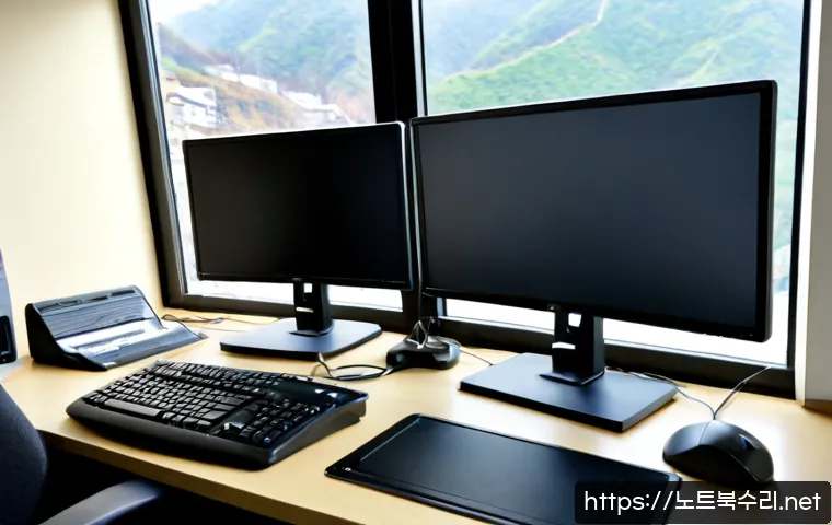운학동 NTFS_FILE_SYSTEM - Photorealistic IT support workstation in a quiet Unhak-dong office, dual monitors showing a clean ab...