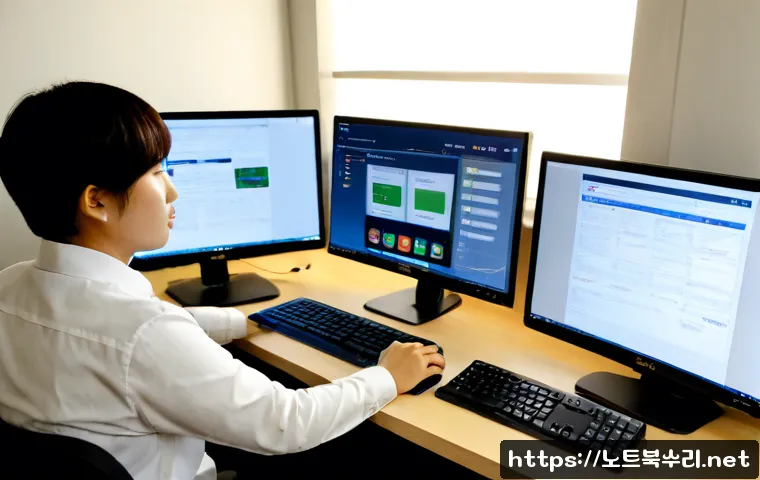 화산동 SYSTEM_LICENSE_VIOLATION - Photorealistic remote-support workstation in a compact apartment office, dual monitors showing abstr...