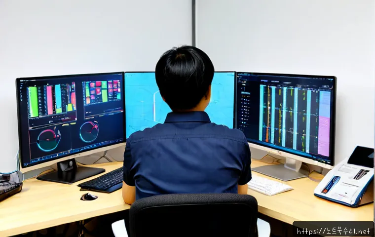 광암동 WATCHDOG_VIOLATION - Photorealistic IT support workstation in a compact Korean apartment office, dual monitors showing ab...