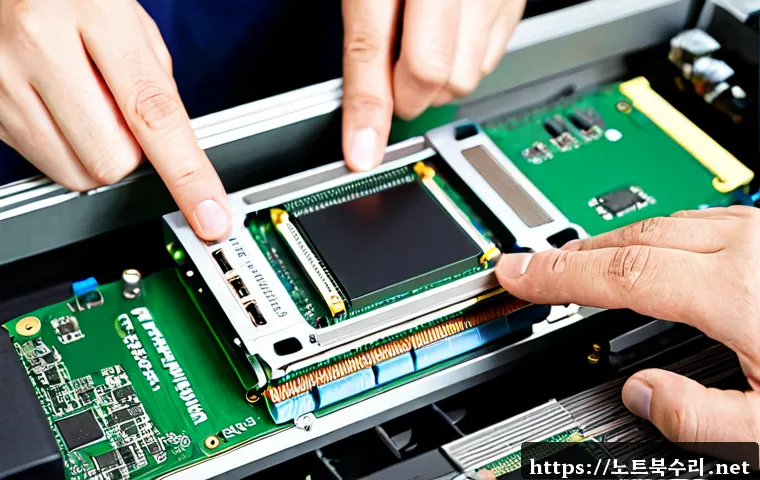 경동 메모리조립 및 교체수리 - Photorealistic close-up of a skilled computer technician installing two new RAM modules into a clean...