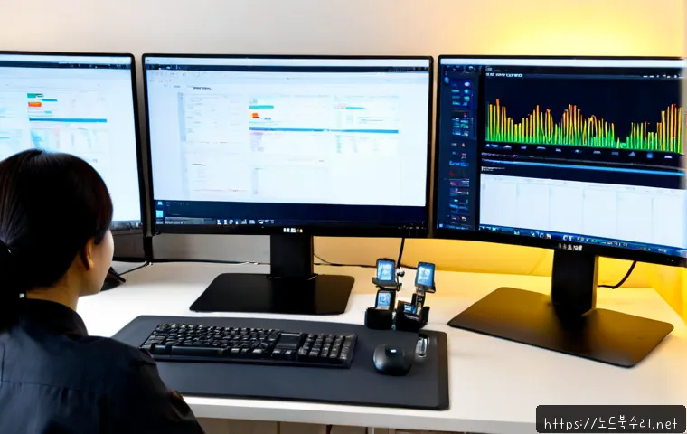 시천동 STATUS_NO_MEMORY - Photorealistic IT support workstation in a compact Korean office, dual monitors showing a clean memo...