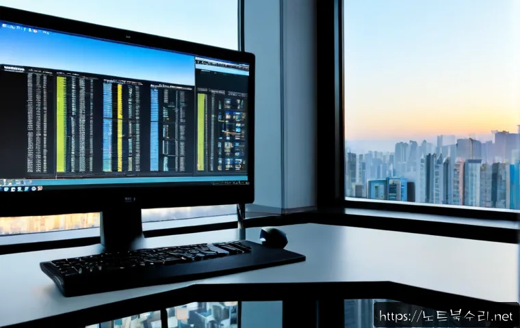 범계동 BAD_SYSTEM_CONFIG_INFO - Photorealistic IT support workstation in a modern Beomgye-dong office tower, dual monitors showing a...