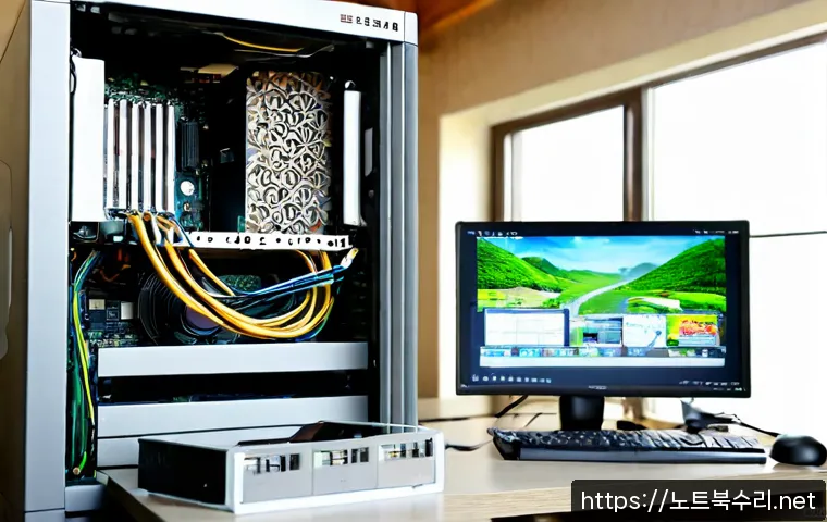삼죽면 컴퓨터업그레이드 - Photorealistic computer upgrade workshop in a quiet rural Korean township, technician installing a m...