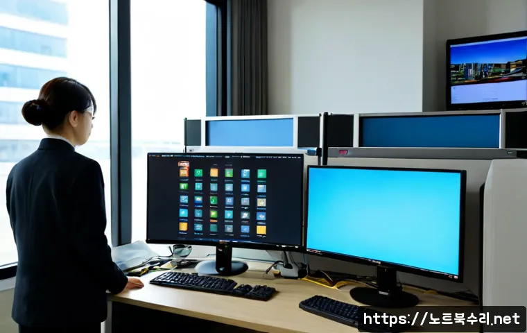 운서동 STATUS_KERNEL_MODULE_NOT_FOUND - Photorealistic IT support workstation in a modern Unseo-dong apartment office, dual monitors showing...
