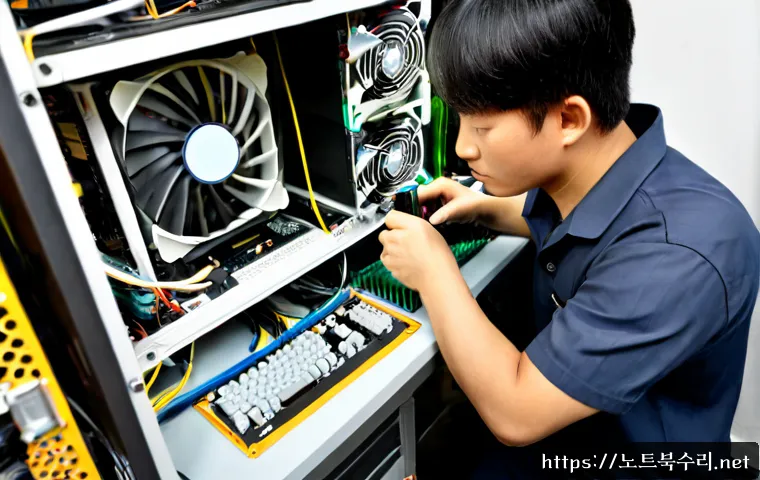 신현원창동 VGA조립 및 교체수리 - Photorealistic electronics repair workstation in a compact industrial neighborhood computer shop, te...
