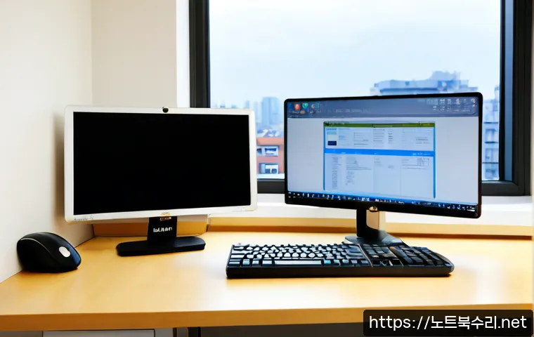 원종동 STATUS_FILE_IN_USE - Photorealistic product workstation in a compact Korean office, dual monitors showing a clean file-ma...