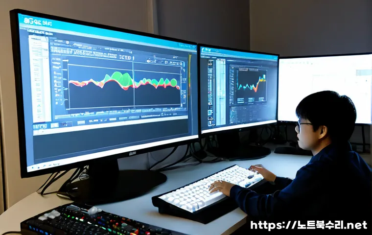 풍도동 HARDWARE_INTERRUPT_STORM - Photorealistic remote IT support workstation, dual monitors showing a dense abstract hardware diagno...