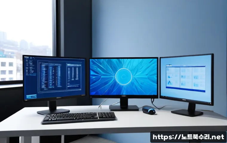 유방동 WIN32K_POWER_WATCHDOG_TIMEOUT - Photorealistic IT support workstation in a modern apartment office, dual monitors showing a frozen b...