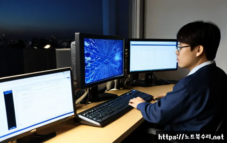 봉남동 KERNEL_SECURITY_CHECK_FAILURE - Photorealistic IT support workstation in a compact Korean neighborhood office, dual monitors showing...