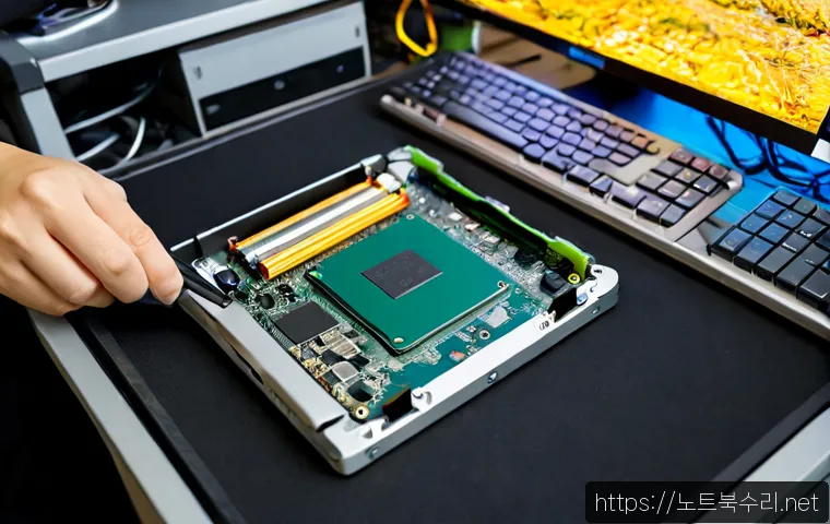 북창동 SSD조립 및 교체수리 - Photorealistic computer repair workstation in Bukchang-dong, Seoul, technician carefully installing ...