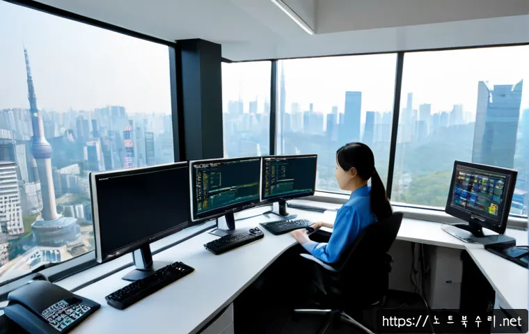여의도 출장방문윈도우 windows 설치 - Photorealistic remote-support technician configuring a modern desktop workstation in a Yeouido finan...