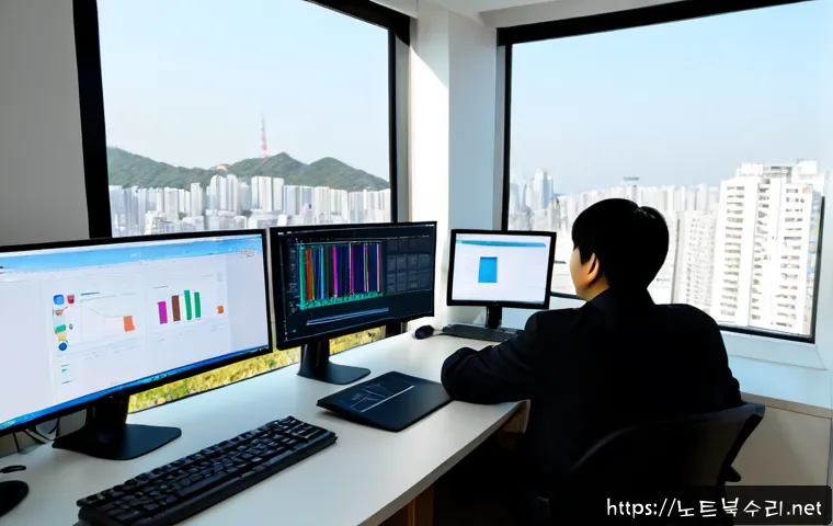 율현동 SESSION_HAS_NO_PAGEFILE - Photorealistic IT support workstation in a modern Yulhyeon-dong apartment office, dual monitors show...