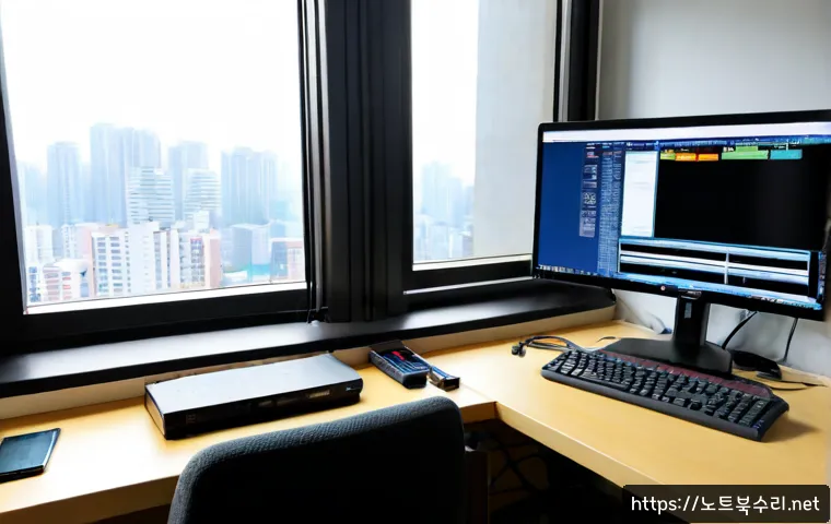숭인동 UDFS_FILE_SYSTEM - Photorealistic IT support workstation in a compact Seongin-dong office, dual monitors showing abstra...
