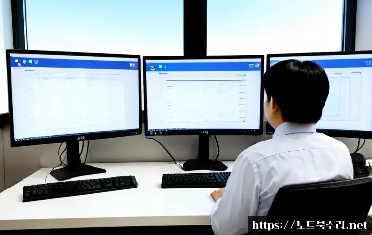 중구 STATUS_INSUFFICIENT_RESOURCES - Photorealistic IT support workstation in a compact Jung-gu office, dual monitors showing a frozen ab...