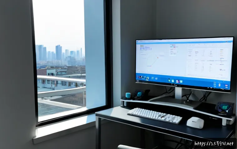화성시 STATUS_MODULE_NOT_FOUND - Photorealistic remote-support workstation in a modern Dongtan apartment office, dual monitors showin...
