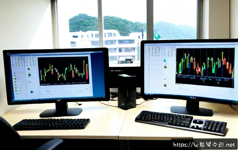 일패동 CDFS_FILE_SYSTEM - Photorealistic IT support workstation in a compact Ilsan Paedong office, dual monitors showing abstr...