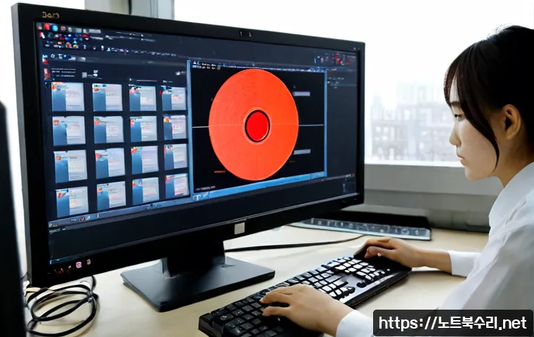 하야동 STATUS_IO_ERROR - Photorealistic IT support workstation in a compact Korean neighborhood office, dual monitors showing...