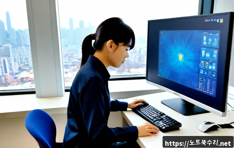 상일동 KERNEL_MODE_HEAP_CORRUPTION - Photorealistic IT support workstation in Sangil-dong, dual monitors showing a frozen abstract blue s...