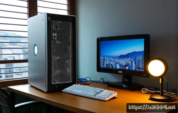 동선동 본체 꺼졌다 켜졌다 할때 - Photorealistic compact PC repair workstation in a small Dongseon-dong apartment office, desktop towe...