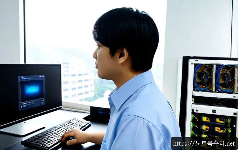 시흥동 KERNEL_MODE_HEAP_CORRUPTION - Photorealistic IT support workstation in Siheung-dong, Seoul, dual monitors showing a blank blue sys...